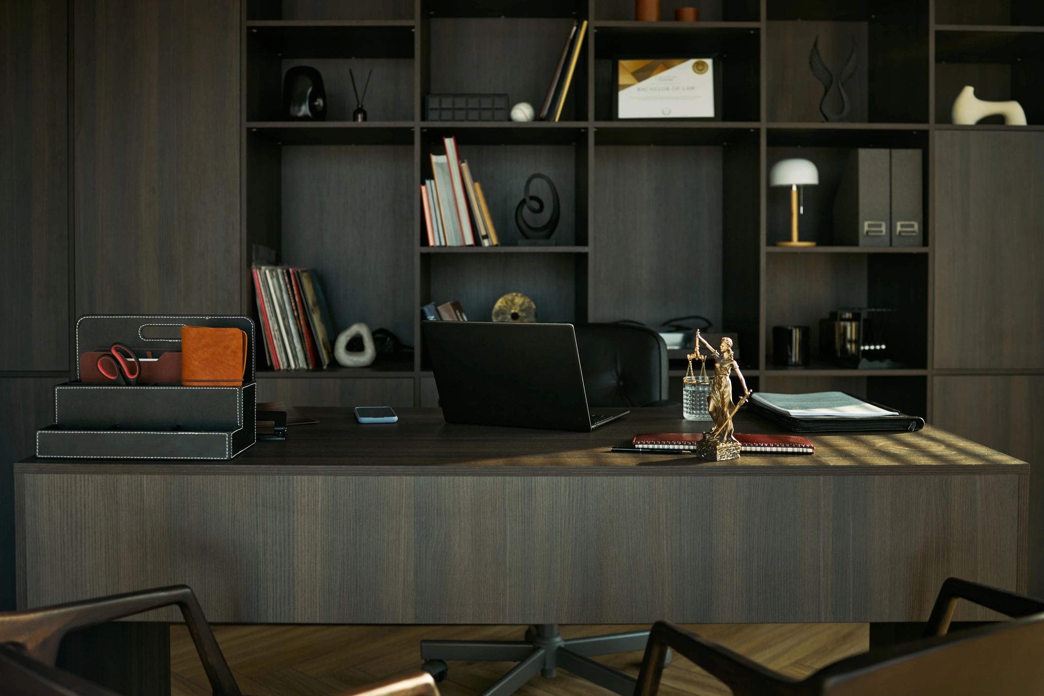 Executive office desk with financial documents and premium workspace details